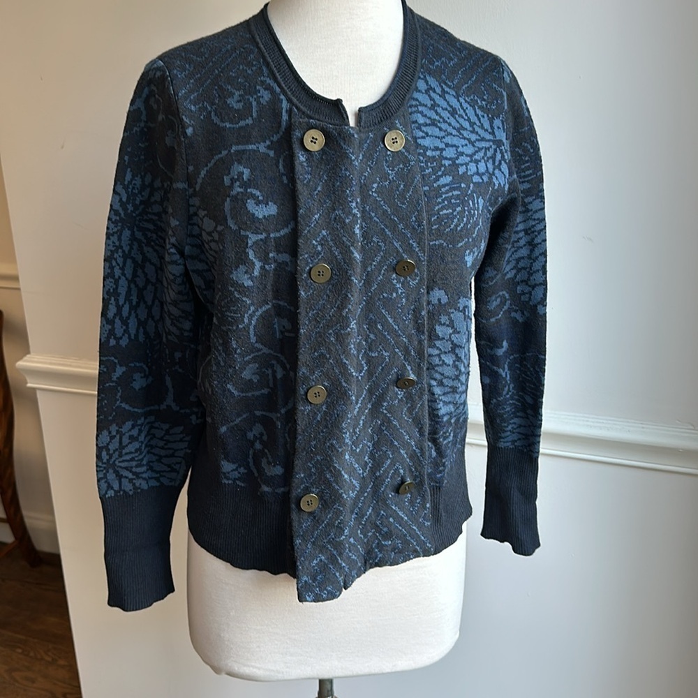 Peruvian Connection Double Button Cardigan Sweater Blue Floral Womens Large EUC - Picture 2 of 8
